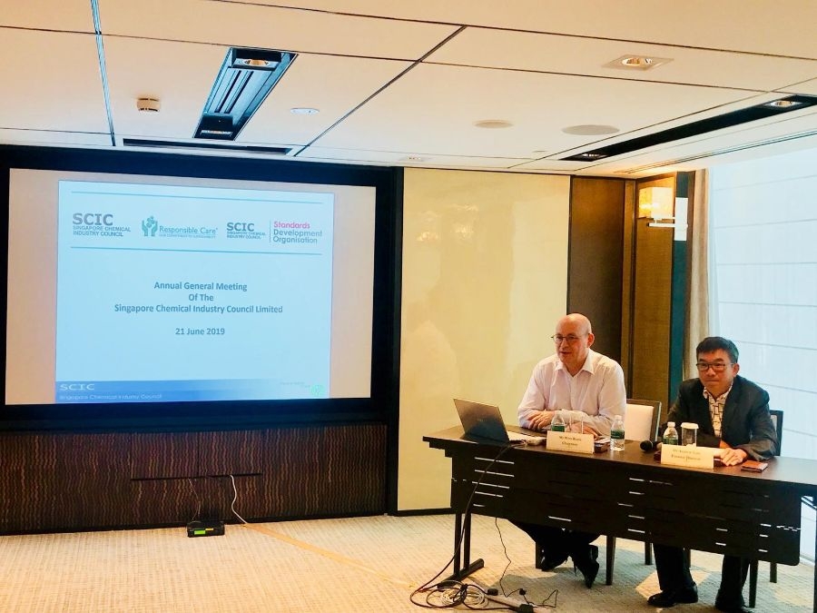 12th Annual General Meeting (AGM) held on 21 June 2019 at the Shangri-La Hotel Singapore. Seated left: Mr Wim Roels, SCIC Chairman. Seated right: Mr Andrew Lim, SCIC Finance Director.|||